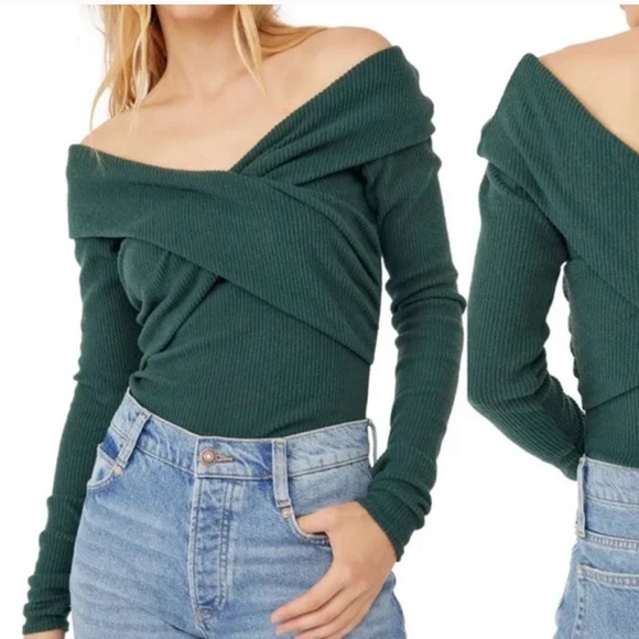 Free People Sweaters - NWT free people Marley off shoulder deepest spruce ribbed top medium